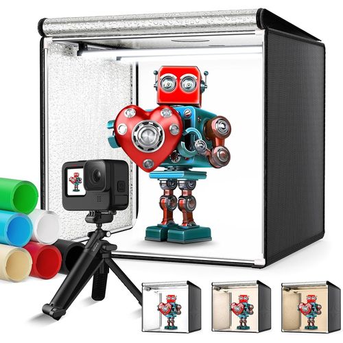 Boîte à Lumière, Couleeur 60CM 3 Couleurs de Température Variable Portable Photo Studio, Boîtes de Lumière Kit à Luminosité Réglable Équipée de 6 Panneaux de Fond Colorés et 126pcs LED