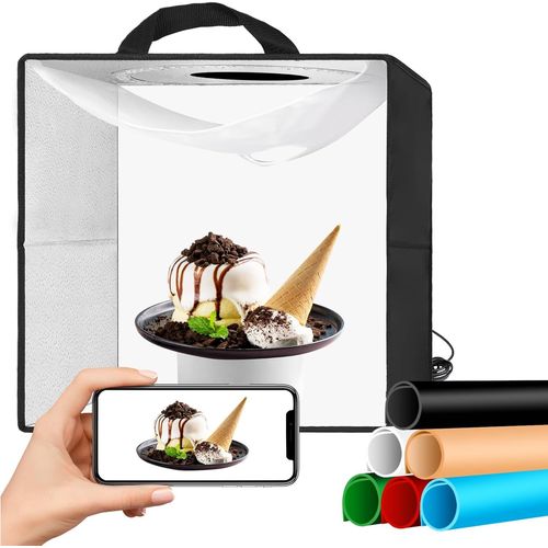 Boîte à Lumière de Studio Photo 40x40cm, Tente de Photographique Portable avec 144 Lumières LED et 6 Fonds en PVC pour la Photographie,Convient pour Les Bijoux, la Photographie en Petit Studio