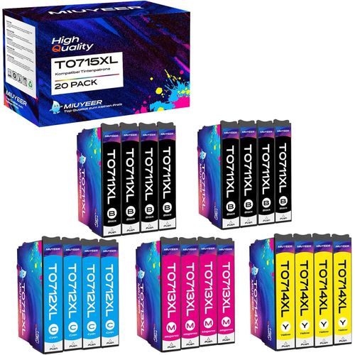 TRAHOO-Lot de 20 cartouches d'encre T0715 XL T0715 de rechange pour Epson T0711 T0712 T0713 T0714 T0715 Multipack Compatible avec Epson Stylus SX100 SX200 SX218 SX400 SX515W DX7400 DX845000 BX30 0 F