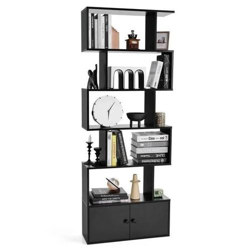 Costway Bibliothèque À 6 Niveaux Avec 2 Portes-70 X 23 X 183 Cm-Étagère De Rangement En Bois Forme En S-Style Moderne-Noir