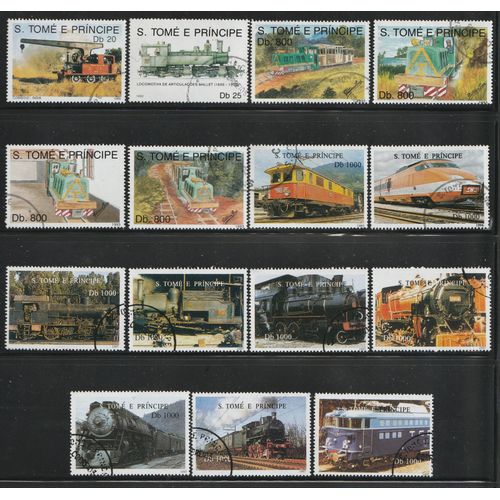 Lot De 15 Timbres Sao Tomé E Principe Oblitérés, Thème: Locomotives, Trains.