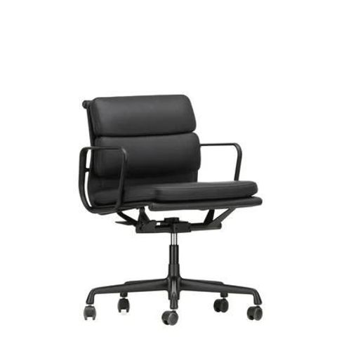Vitra - Chaise En Aluminium - Soft Pad - Ea 217 - Noir Profond - Cuir Premium F/Plano - Nero/Nero - Roulettes Pour Tapis De Sol - Noir