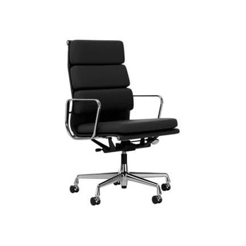 Vitra - Chaise En Aluminium - Soft Pad - Ea 219 - Cuir Premium F/Plano - Asphalte/Gris Foncé - Roulettes Pour Sols Durs - Chromé - Gris