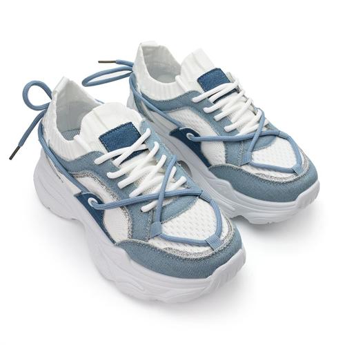 Baskets Femme En Textile Ps054 Blanc Avec Bleueu