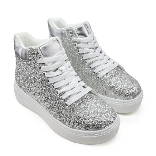 Chaussures Baskets Talons Hauts En Cuircologique Ps085 Glitter Argenteu