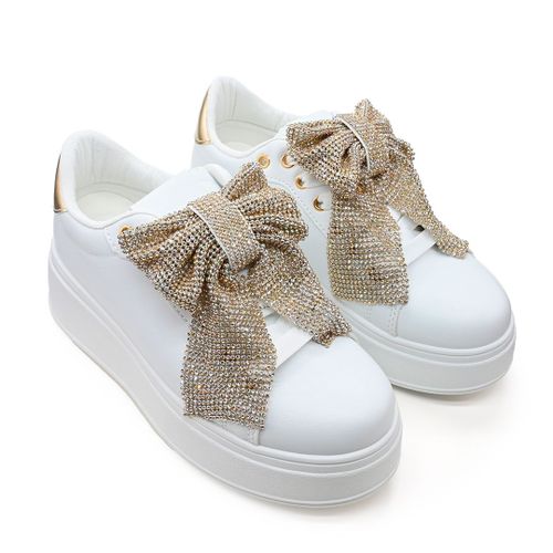Baskets Femme, En Cuir Écologique, Ps069, Blanc Avec Or 38 Eu