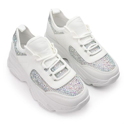 Baskets Femme Ornées De Pierres Ps051 Blanceu