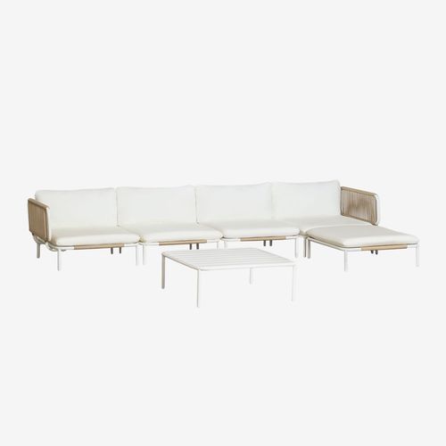 Canapé De Jardin Modulable 4 Pièces Avec 2 Fauteuils D'angle, Pouf Et Table Basse Roubly Beige Amande