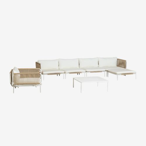 Canapé De Jardin Modulable 4 Pièces Comprenant 2 Fauteuils D'angle, Pouf, Fauteuil Et Table Basse Roubly Beige Amande