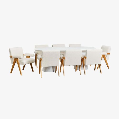 Ensemble Table Ovale Noemi (220x95 Cm) En Ciment Et 8 Chaises De Salle À Manger En Bois De Frêne Et Tissu Bouclé Lucca Gris Sable