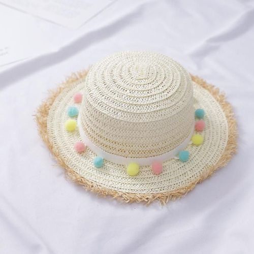 Filles Summer Straw Hat Wide Brim Tassel Balls Floppy Panama Cap Pour La Plage