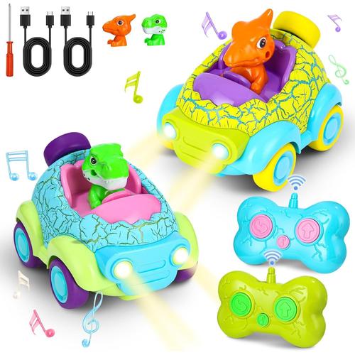 Set De 2 Jouet Voiture Telecommandé Enfant,Voiture Telecommandé Enfant 2 Ans,Jouet Dinosaure Avec Lumières Et Musique,Cadeaux Pour Enfants 2-6 Ans