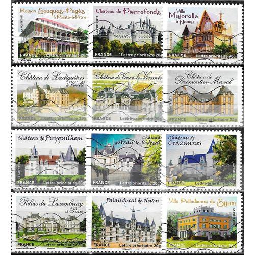 France 2012, Belle Série Complète 12 Timbres Oblitérés Yvert 726 À 737, Châteaux Et Demeures Historiques «De La Renaissance Au Xxème Siècle».