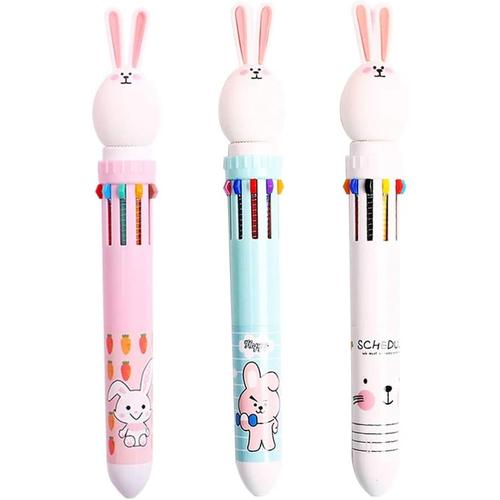 Stylos À Bille Multicolore,Stylos À Bille Rétractable Paquet De 4 10-En-1 Stylos Multicolores À Bille Roulante Rétractable Pour Fournitures Scolaires De Bureau Cadeau Pour Enfants,Lapin