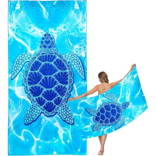 Grande Serviette De Plage En Microfibre, Double Face, Anti-Sable, Avec Sac, Compacte Et Fine, Pour Yoga, Gym Pour Homme Et Femme (Tortue Bleue, 90 X 160 Cm)