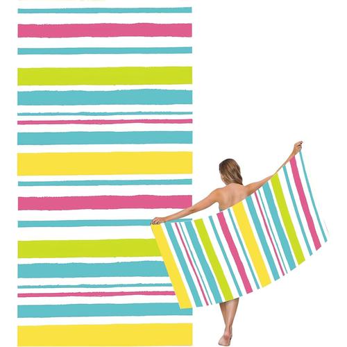 Grande Serviette De Plage En Microfibre, Double Face, Anti-Sable, Avec Sac, Compacte Et Fine, Pour Yoga, Gym Pour Homme Et Femme (Rayures Multicolores, 90 X 160 Cm)