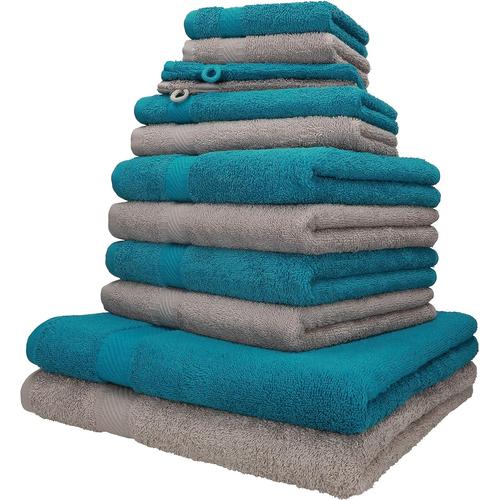 Lot De 12 Serviettes Palermo: 2 Draps De Bain 4 Serviettes De Toilette 2 Serviettes D'invit¿¿ 2 Lavettes 2 Gants De Toilette 100% Coton Couleur Bleu P¿¿Trole Et Gris Pierre