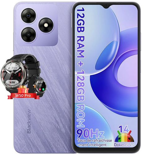 Blackview WAVE 8 Téléphone Portable 6.56" 12Go+128Go 13MP 5000mAh Android 14 Dual SIM Violet avec Smartwatch Blackview W50 Pro