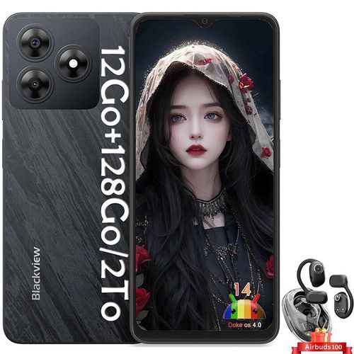 Blackview WAVE 8 Téléphone Portable 6.56" 12Go+128Go 13MP 5000mAh Android 14 Dual SIM Noir avec Blackview Airbuds 100