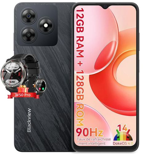 Blackview WAVE 8 Téléphone Portable 6.56" 12Go+128Go 13MP 5000mAh Android 14 Dual SIM Noir avec Smartwatch Blackview W50 Pro