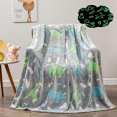 Couverture Douillette Pour Enfant-Motif Dinosaure-Brille Dans Le Noir-Couverture En Flanelle-Pour Garçons Et Filles (Gris,150x200 Cm)