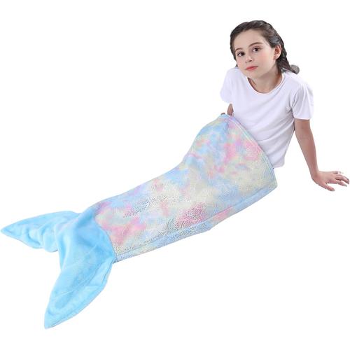 Couverture Queue De Sirène Pour Enfants-En Flanelle Polaire Douce-Pour Enfants-Arc-En-Ciel-Ombre-Motif Échelle De Poisson-Cadeau Pour Fille-100x43 Cm