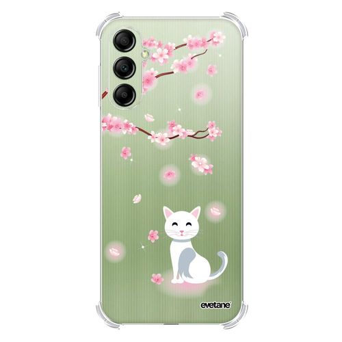 Coque Samsung Galaxy A14 Silicone Antichocs Solides Coins Renforcés Protection Housse Transparente Chat Et Fleurs Evetane
