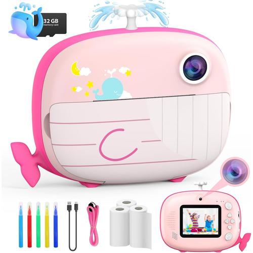 Appareil Photo Pour Enfants,Design En Forme De Baleine,Appareil Photo Instantané Pour Enfants 1080p 6,1 Cm Avec 3 Rouleaux De Papier Imprimé,Carte De 32 Go,Appareil Photo Numérique À