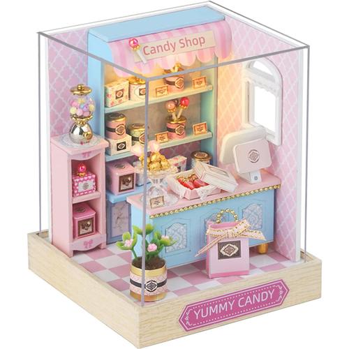 Diy Mini Dollhouse Wooden Furniture Kit,Maison Petite Maison Avec Boîte À Musique Pour Assembler Jouets Cadeaux D'anniversaire (Candy)