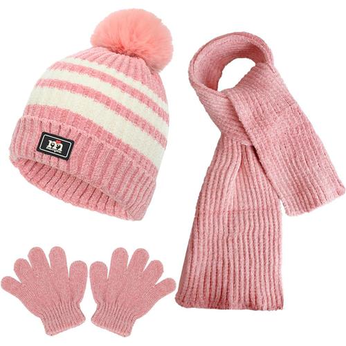 Cagoule Bébé Fille Garçon Mignon Bonnet Echarpe Gant Hiver Ensemble Set De 3 Pièces Enfant Ensemble Chapeau Hiver Bonnet Tricoté Enfant Chenille 1-5 Ans