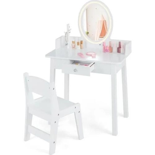 Costway Coiffeuse Enfant Avec Chaise, Miroir Éclairé Led Bicolore, Tiroir Et Organisateur De Bijoux En Forme D Arbre, 60 X 35 X 96cm