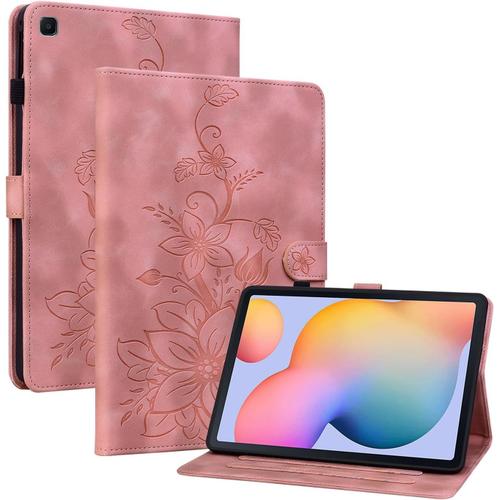 Coque Samsung Galaxy Tab S6 Lite 10.4 2024/2022/2020 Sm-P610/ P613/ P615/ P619/ P625/ P627, Multi-Angles Housse De Protection En Similicuir Avec Porte-Carte Couverture Motif Lys, Rose