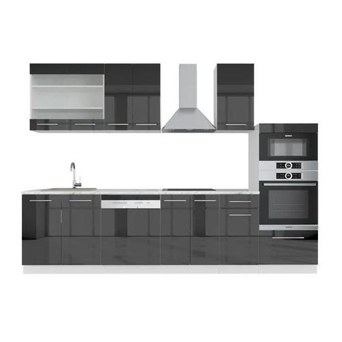 Cuisine Fame-Line, 300 Cm Avec Armoire Haute, Pt Marbre, Anthracite Brillant/Blanc, Vicco