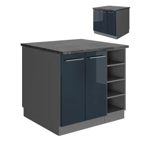 Îlot De Cuisine Fame-Line, 90 Cm Sans Plan De Travail, Bleu Foncé Brillant/Anthracite, Vicco