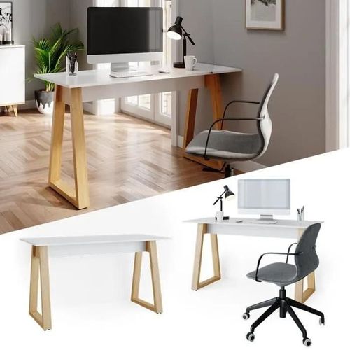 Bureau Informatique Vicco Nautica - Blanc/Chêne - Surface Résistante Aux Rayures - Style Scandinave Moderne