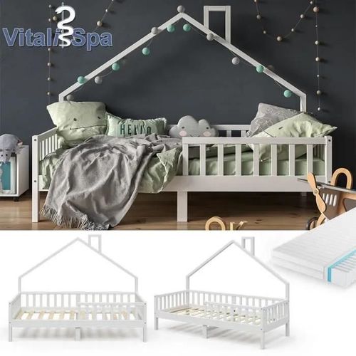 Lit Cabane Enfant Vitalispa Noemi, 90x200cm, Bois Massif, Blanc