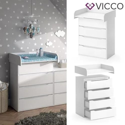 Commode À Langer Vicco Ruben Blanche, Table À Langer Avec Plan, Étagère À Langer, 4 Tiroirs