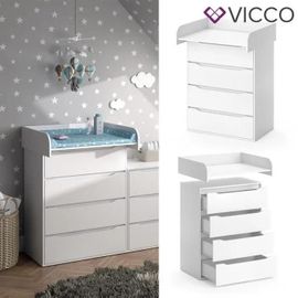 Commode À Langer Vicco Ruben Blanche, Table À Langer Avec Plan, Étagère À Langer, 4 Tiroirs