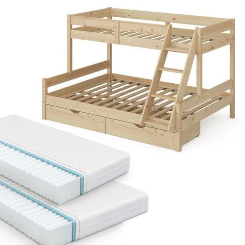Vitalispa Lit Superposé Everest, Naturel Bois, 140x200 / 90x200 Cm Avec 2 Matelas Et 2 Tiroirs