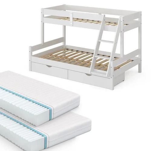 Vitalispa Lit Superposé Everest, Blanc, 120x200 / 80x200 Cm Avec 2 Matelas Et 2 Tiroirs