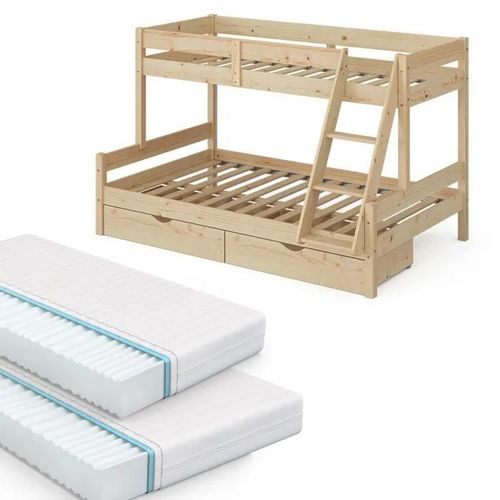 Vitalispa Lit Superposé Everest, Naturel Bois, 120x200 / 80x200 Cm Avec 2 Matelas Et 2 Tiroirs