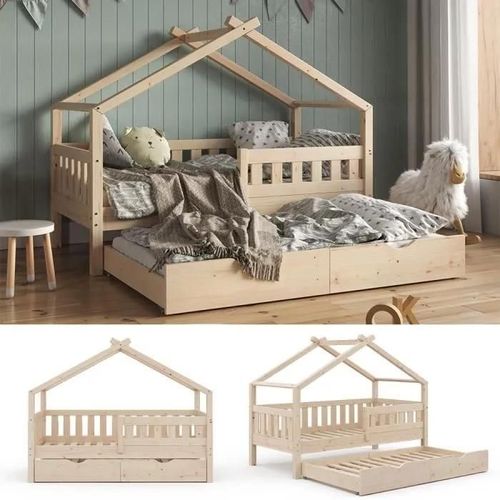 Vitalispa Lit Enfant Design 160 X 80, Lit Bébé, Lit Cabane, Lit D?Appoint, Sommier À Lattes, Naturel