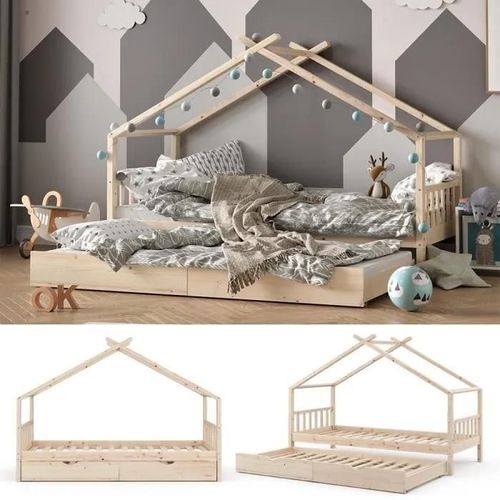 Vitalispa Lit Enfant Design, Lit Cabane, Lit D?Appoint, Sommier À Lattes, Naturel, 90 X 200, Tiroir