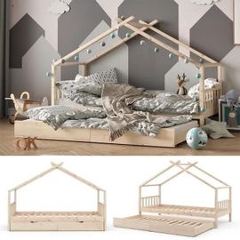 Vitalispa Lit Enfant Design, Lit Cabane, Lit D?Appoint, Sommier À Lattes, Naturel, 90 X 200, Tiroir