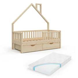 Lit Cabane Noemi, 80x160 Cm Avec 2 Tiroirs Et Matelas, Naturel Bois, Vitalispa