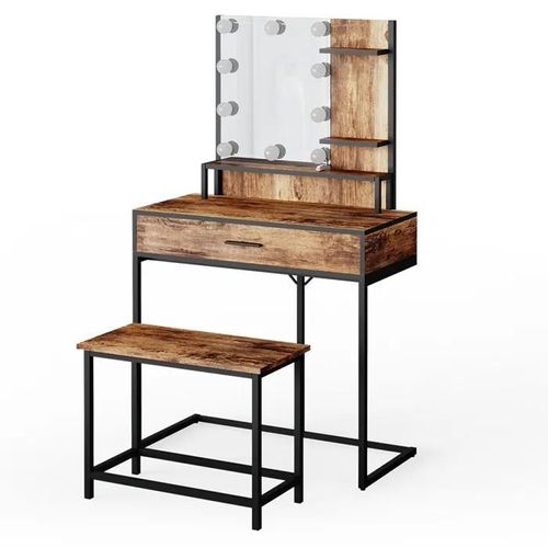 Vicco Coiffeuse Fyrk, Chêne Rustique, 80 Cm Avec Éclairage Led Et Chaise