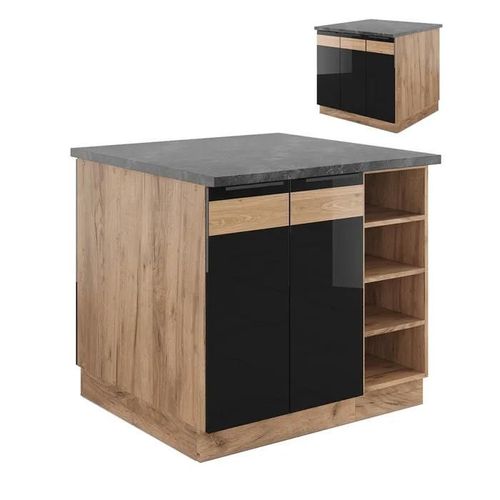 Vicco Îlot De Cuisine Fame-Line, Chêne Noir Brillant/Chêne Doré, 90 Cm Sans Plan De Travail