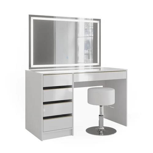 Coiffeuse Sherry, 120 Cm Avec Miroir Led Et Tabouret, Blanc/Or, Vicco