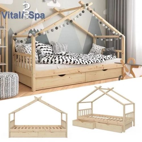 Vitalispa Lit Pour Enfant Lit D'appoint Lit Cabane Design Naturel 90 X 200 Cm Tiroirs Sommier À Lattes