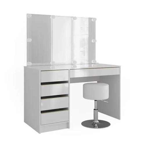 Coiffeuse Sherry, 120 Cm Avec Éclairage Led Et Tabouret, Blanc/Or, Vicco